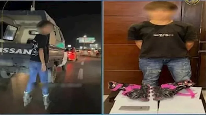 مرتديا حذاء تزحلق.. التفاصيل الكاملة للقبض على أجنبي أمسك بالصندوق الخلفي لسيارة شرطة | فيديو